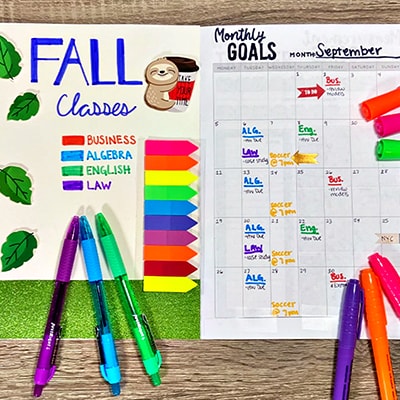 Organizer for fall classes and monthly goals