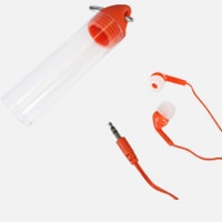 Red ear buds and clear plastic carry case