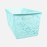 Light blue rectangualr storage bin with handles and die-cut flower design