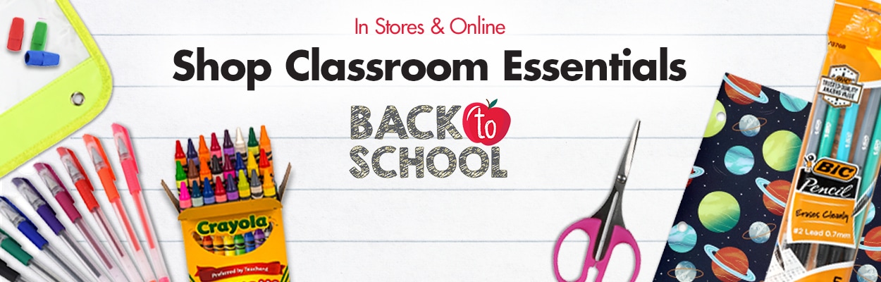 Crayola crayons, BIC mechanical pencils and other school supplies on a lined paper background: shop classroom essentials in stores & online