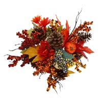 Bundle of fall wildflowers with maple leaves and pumpkin acccents