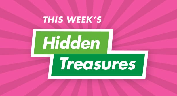 Pink sunburst background with “This Week’s Hidden Treasures” text in which over green boxes