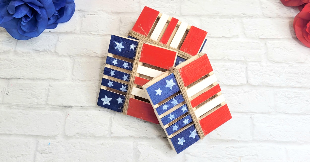 Rustic Wood Coasters, Farmhouse, Patriotic Red, White and Blue